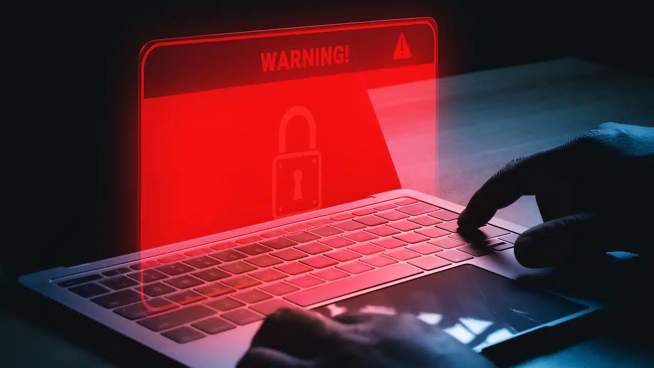 System warning hacked alert, cyber attack on computer network.