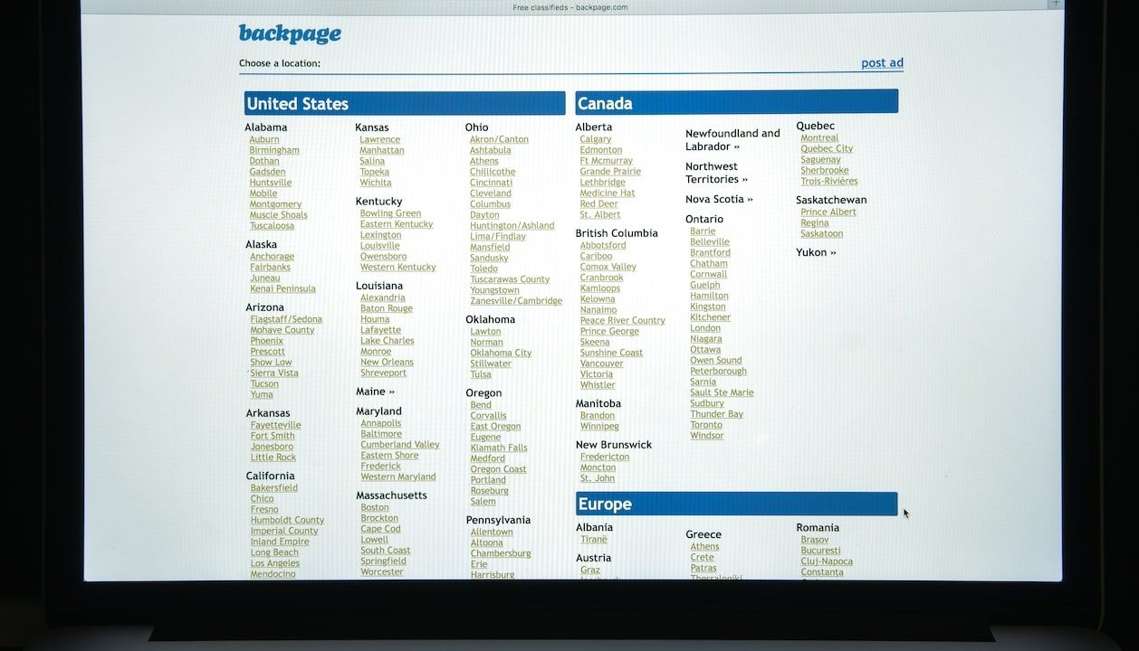 Backpage website homepage.