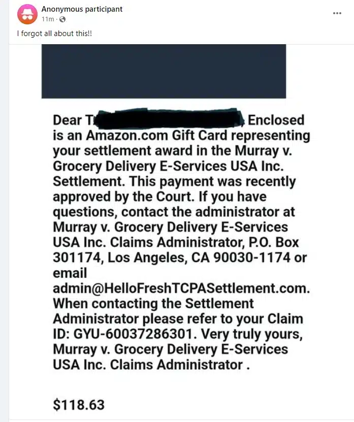 HelloFreshTCPAFB25-30-24 checks in the mail