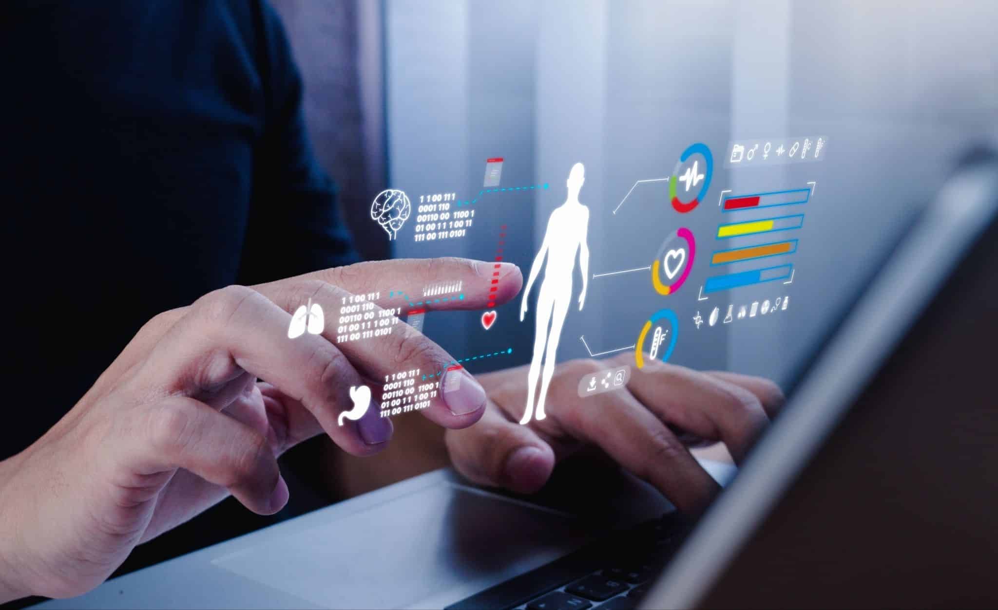 Use laptop Digital healthcare and network on modern virtual screen.