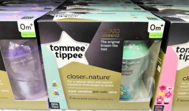 Close up of Tommee Tippee baby bottle products on a supermarket shelf, representing the Tommee Tippee class action.
