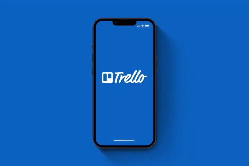Trello logo displayed on a smartphone screen, representing the Trello data breach.