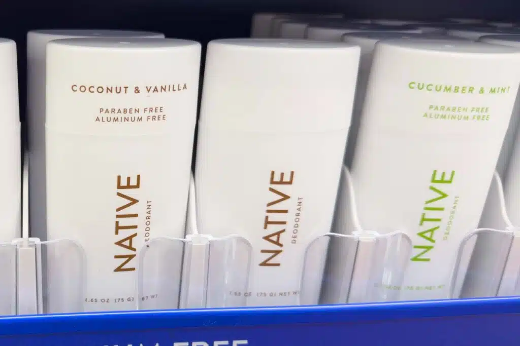 Close up of Native deodorant products on a supermarket shelf, representing the Native deoderant class action.