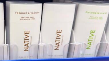 Close up of Native deodorant products on a supermarket shelf, representing the Native deoderant class action.