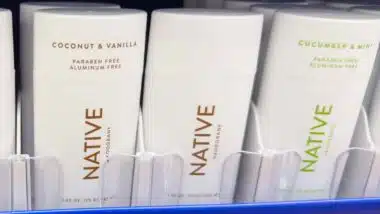 Close up of Native deodorant products on a supermarket shelf, representing the Native deoderant class action.