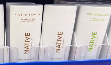 Close up of Native deodorant products on a supermarket shelf, representing the Native deoderant class action.