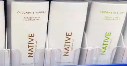 Close up of Native deodorant products on a supermarket shelf, representing the Native deoderant class action.