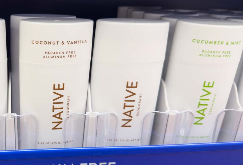 Close up of Native deodorant products on a supermarket shelf, representing the Native deoderant class action.