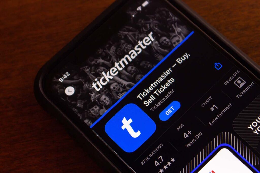 Ticketmaster app download page displayed on a smartphone, representing the Ticketmaster class action.