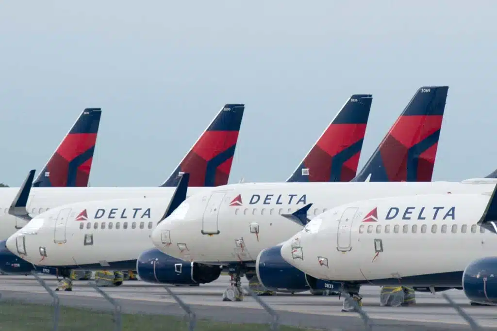 Delta Airlines aircrafts grounded at an airport, representing the Delta outage.