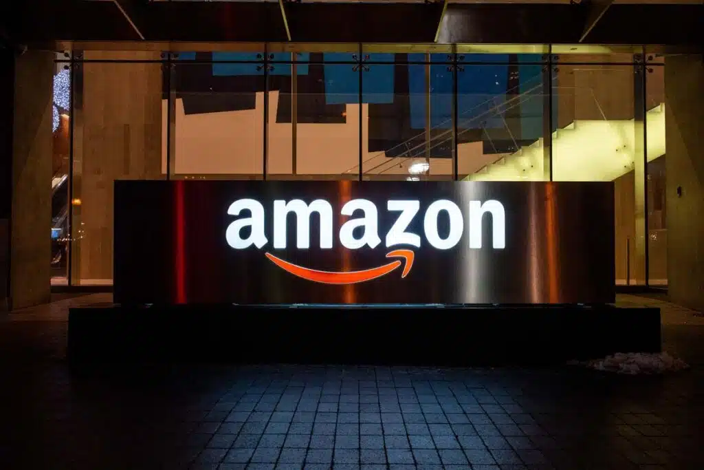 Amazon signage at night, representing the Amazon defective products ruling.