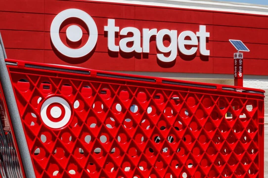 Target cart in front of Target store front
