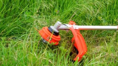 Close up of an orange grass trimmer surrounded by grass, representing the Husqvarna class action.