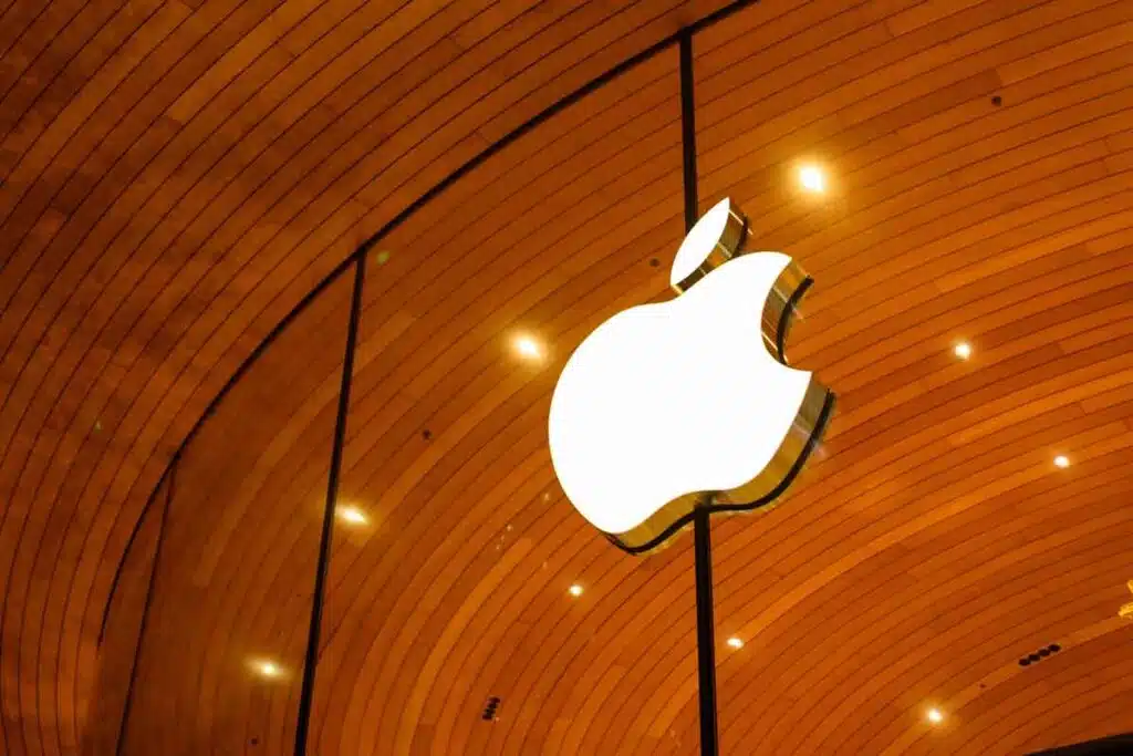 Close up of Apple signage, representing the Apple settlements and class actions.