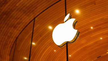 Close up of Apple signage, representing the Apple settlements and class actions.