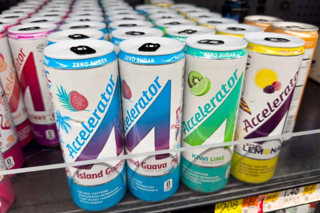 Accelerator energy drinks on display in a supermarket, representing the Accelerator class action.