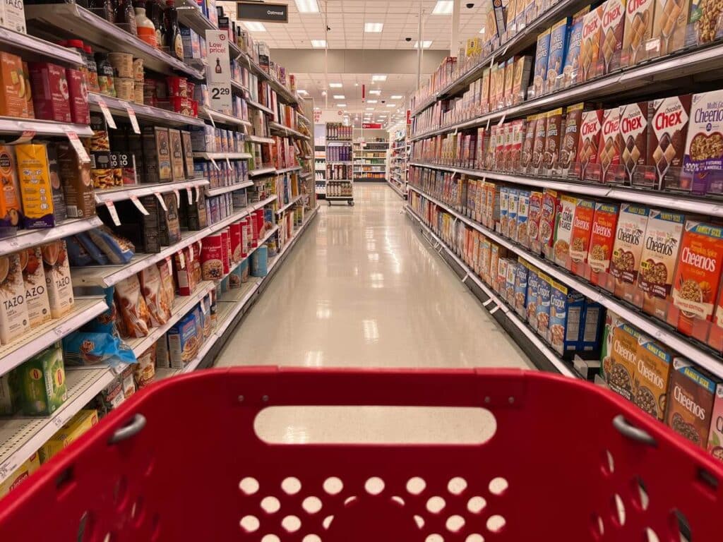 Grocery store cart in an grocery store isle representing top recalls for the week of Oct. 7.