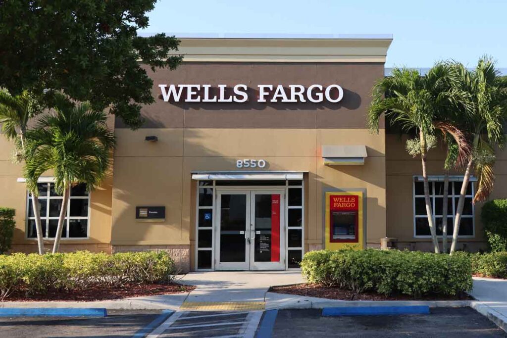 Exterior of a Wells Fargo bank, representing the Wells Fargo settlement.