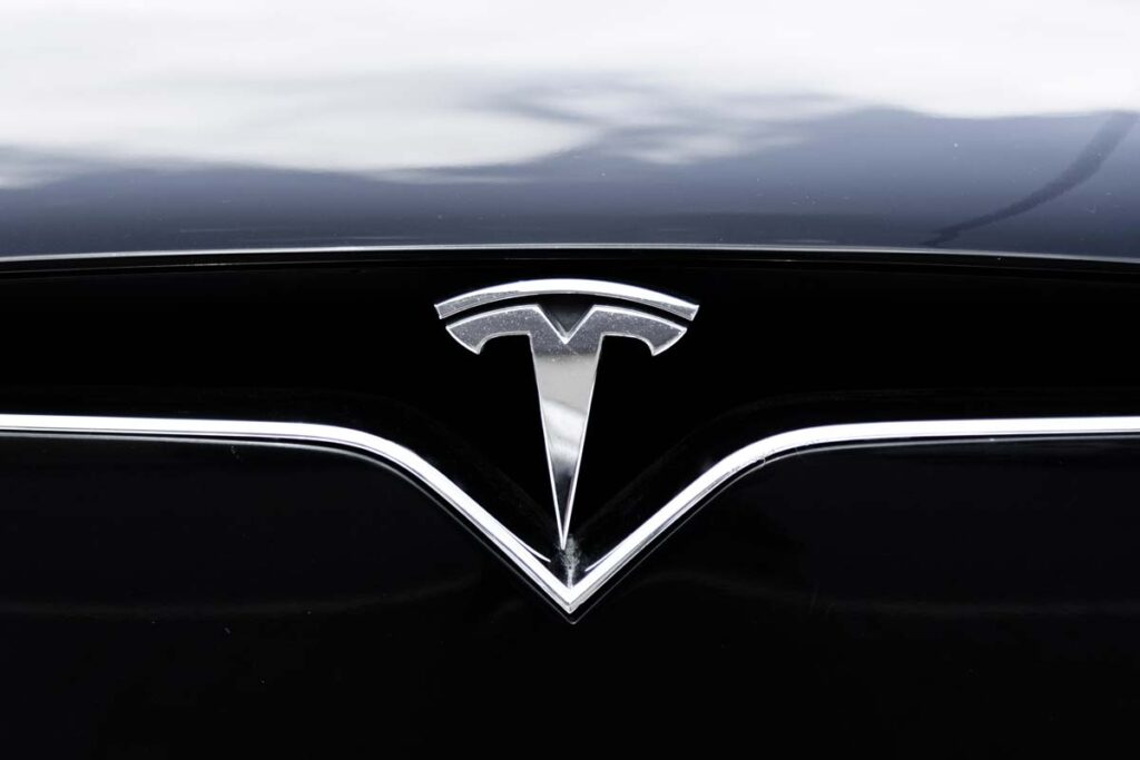 Close up of Tesla emblem, representing Tesla recalls.