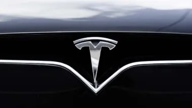 Close up of Tesla emblem, representing Tesla recalls.