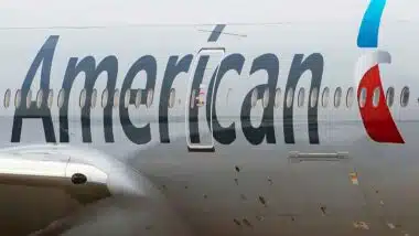 American Airlines logo on the side of a plane, representing the American Airlines fine.