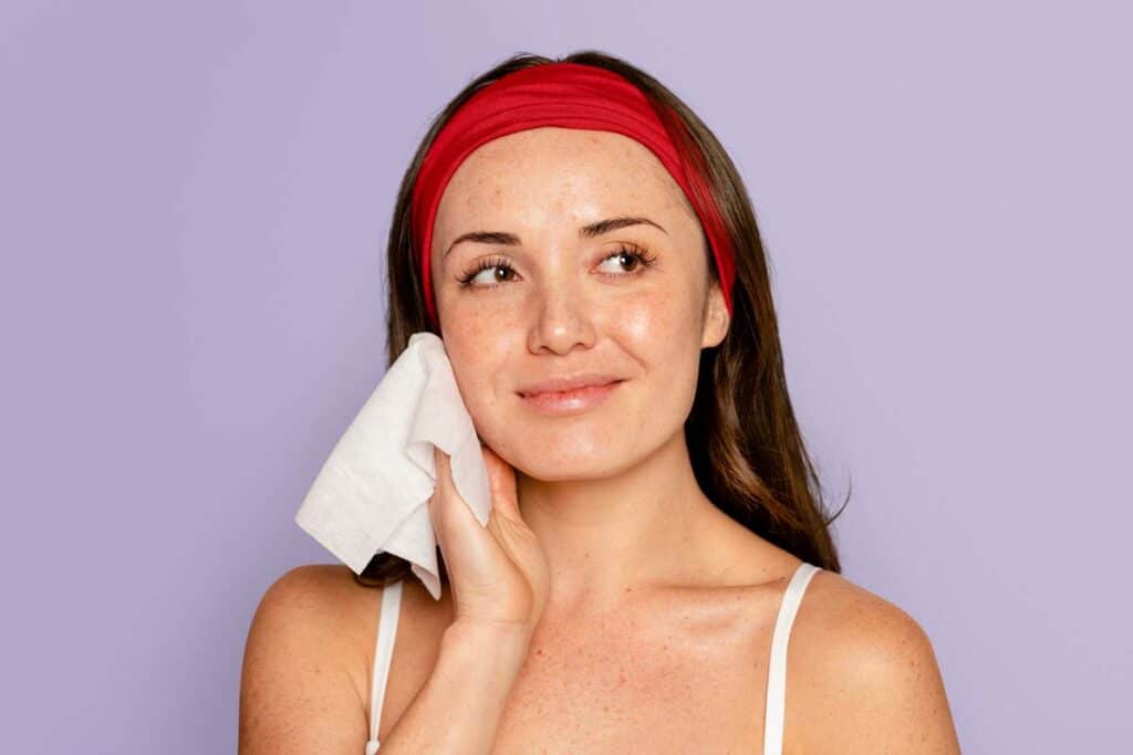 Close up of a woman using a make up removing wipe, representing the Aveeno class action.