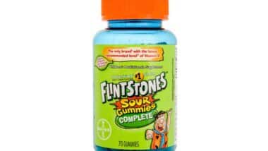 Product photo of Flintstones sour gummy vitamins, representing the Bayer class action.