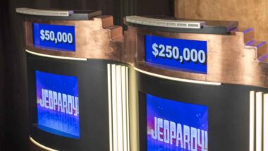 Close up of Jeopardy podiums, representing the Jeopardy! and Wheel of Fortune discrimination complaints.