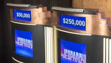 Close up of Jeopardy podiums, representing the Jeopardy! and Wheel of Fortune discrimination complaints.