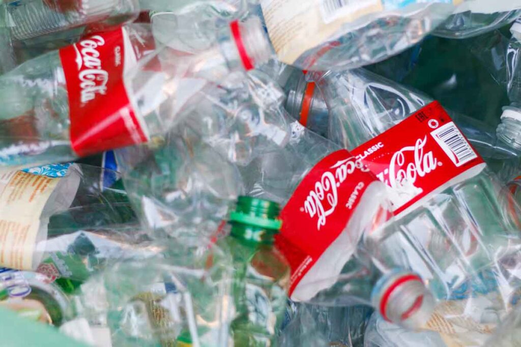 Close up of plastic bottles, representing the single-use plastic waste lawsuit.
