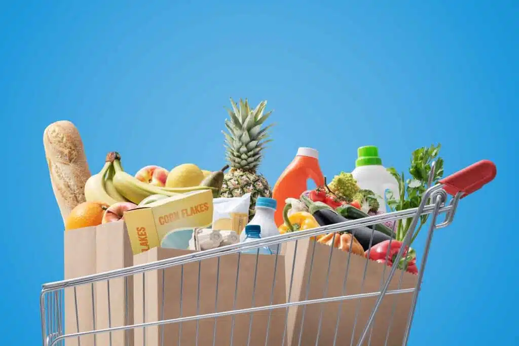 Food products in a shopping cart, representing food recalls.