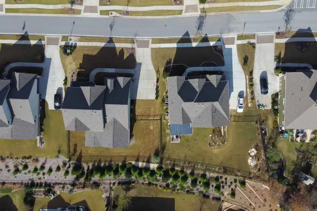 Aerial view of a neighborhood, HOA concept, representing the HOA fees settlement.