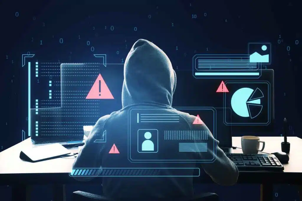 A hooded hacker using a computer, representing the Bridgeway Center settlement.