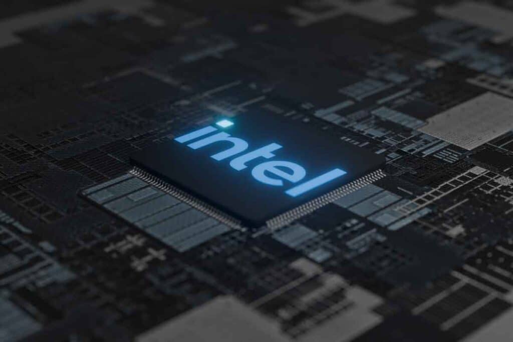 Close up of Intel chip on a motherboard, representing the Intel class action.