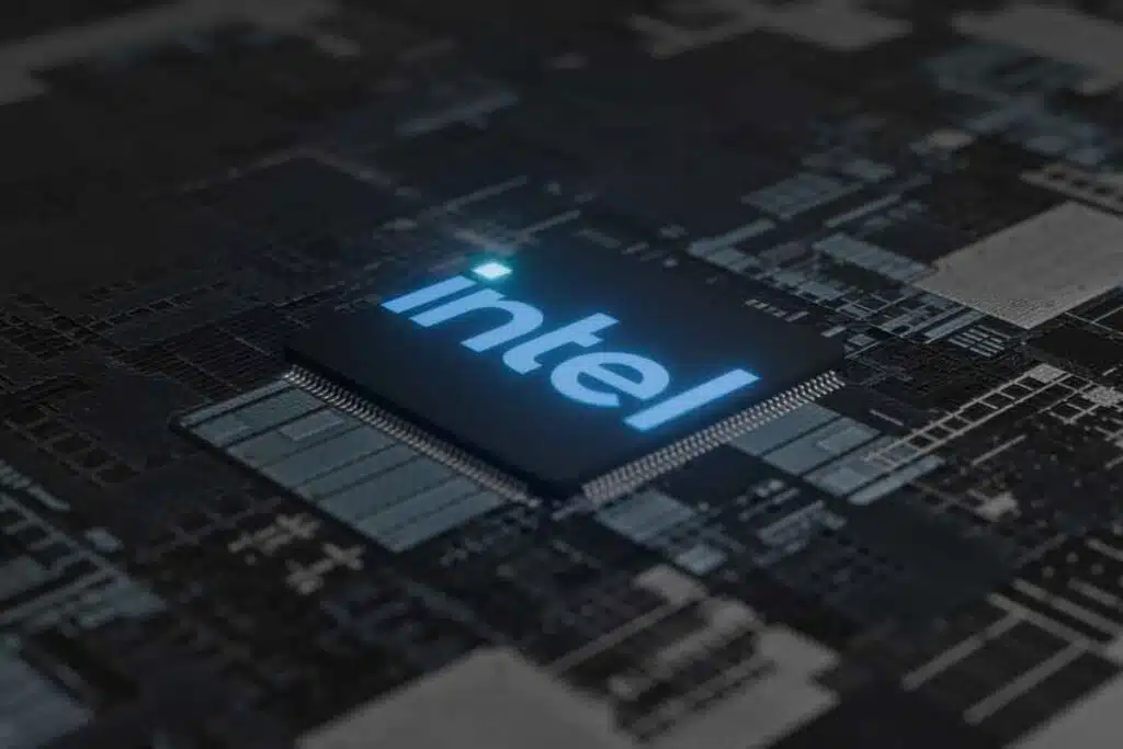 Close up of Intel chip on a motherboard, representing the Intel class action.