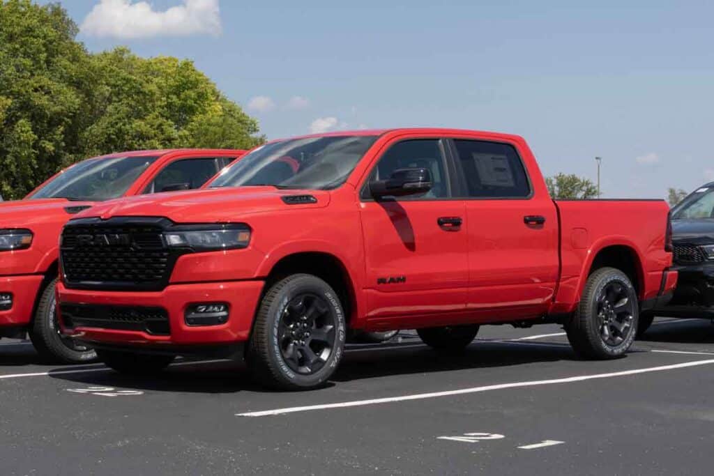 A red 2025 Ram 1500, representing the Ram 1500 recall.