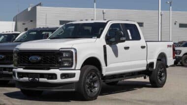 A 2024 White Ford F-250, representing the Ford recall.