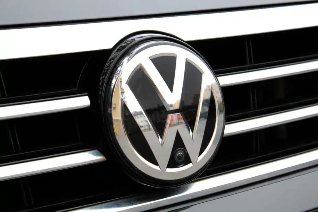 Volkswagen emblem on a front bumper, representing the Volkswagen recalls and class actions.
