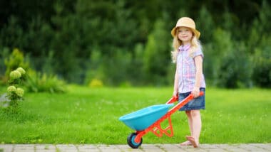 Little girl playing with toy wheel barrow representing the Red Toolbox class action.