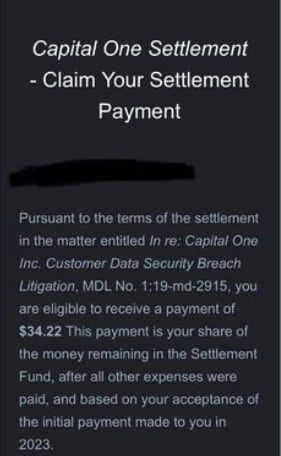 CapitalOnedatabreach2ndpaymentFB9-4-24 checks in the mail