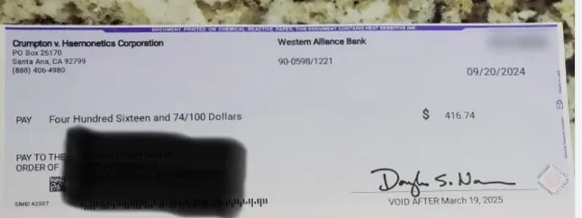 HaemoneticsBIPAFB10-1-24-1 checks in the mail