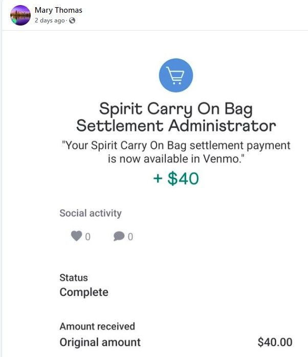 SpiritAirlinesbaggaefeeFB210-7-24 checks in the mail