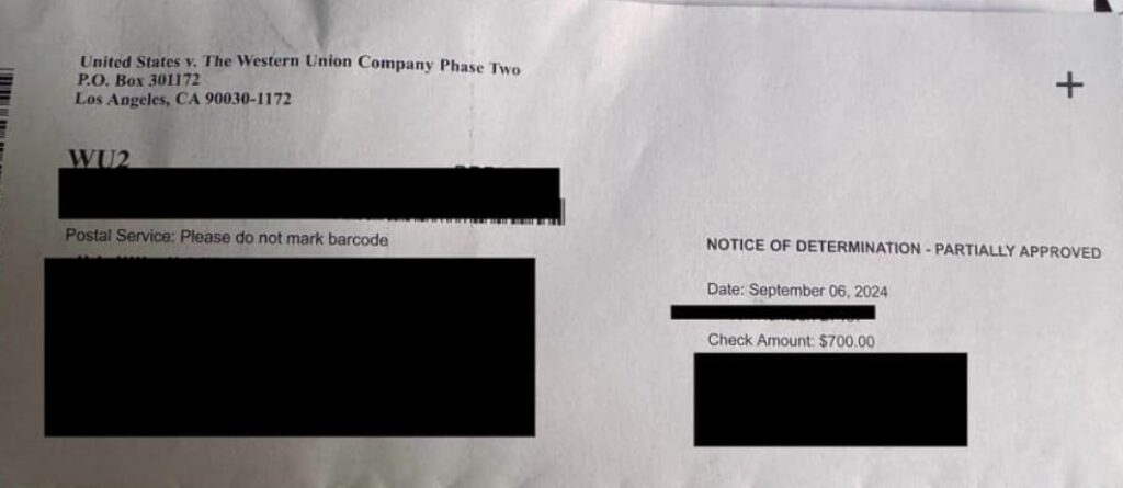 WesternUnionFTCphase2check9-11-24 checks in the mail
