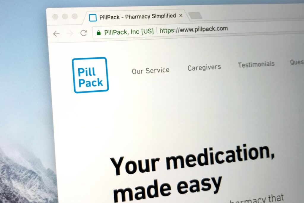 PillPack website displayed on a computer screen, representing the PIllPack settlement.