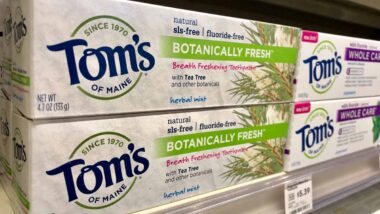 Close up of Tom's toothpaste products for sale, representing the Tom's of Maine class action.