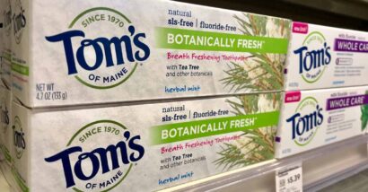 Close up of Tom's toothpaste products for sale, representing the Tom's of Maine class action.
