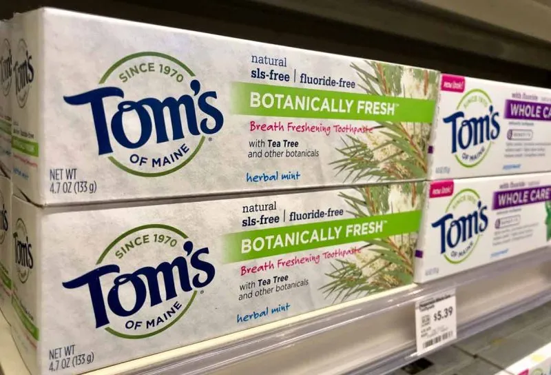 Close up of Tom's toothpaste products for sale, representing the Tom's of Maine class action.