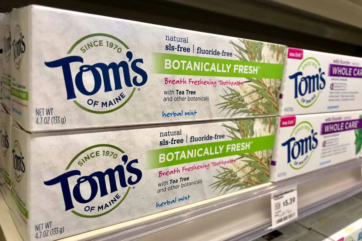 Close up of Tom's toothpaste products for sale, representing the Tom's of Maine class action.