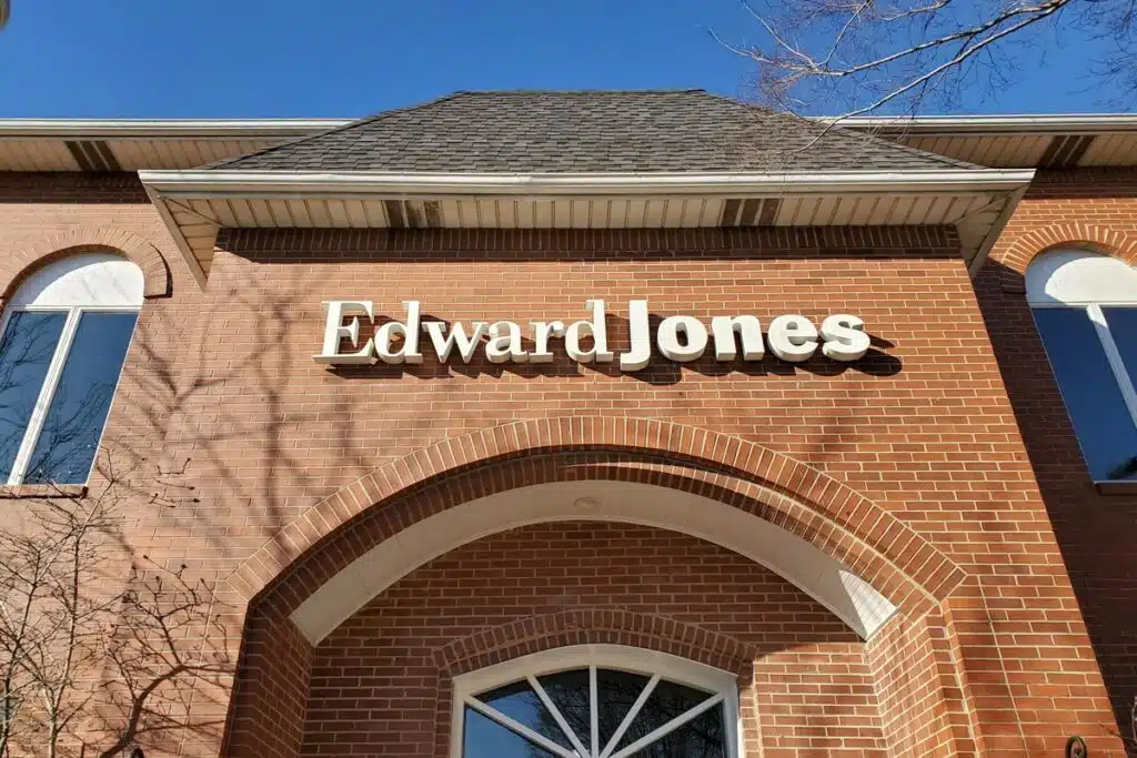 Close up of Edward Jones signage, representing mutual funds.