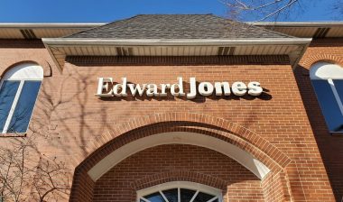 Close up of Edward Jones signage, representing mutual funds.